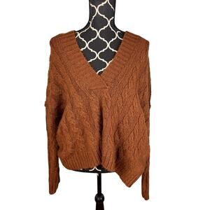 AE American Eagle Oversized Cropped Cable Knit Hooded Burnt Orange Sweater Sz M